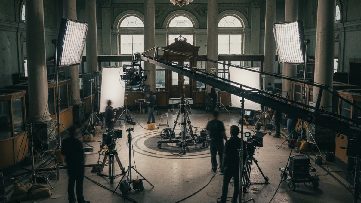 Un set de rodatge amb càmeres i focus en un edifici antic, sense actors reconeixibles.