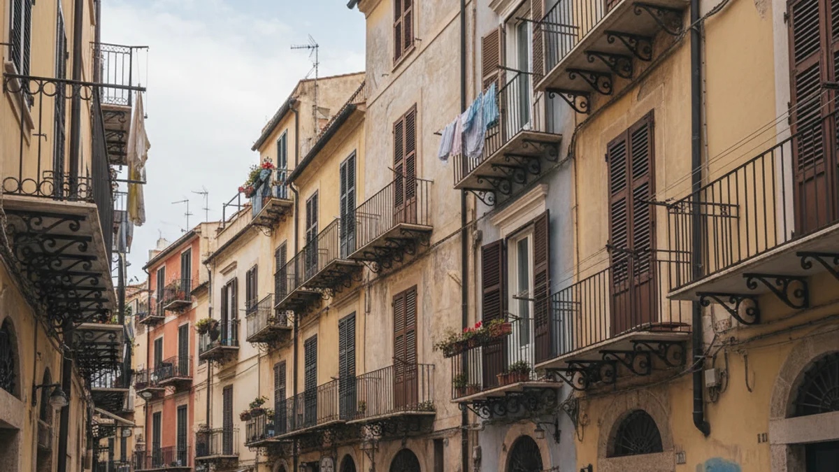 Generic view of a residential street in a coastal city featuring apartment buildings.