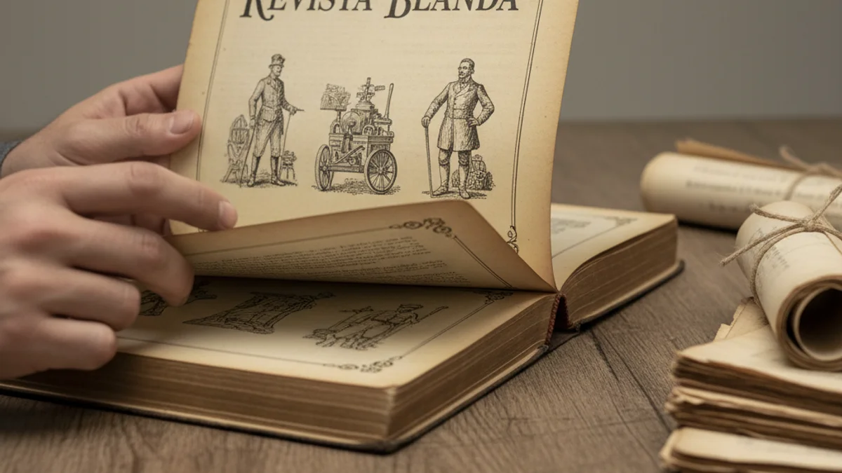 Il·lustració d'un llibre o revista antiga oberta sobre una taula, amb documents històrics al fons.