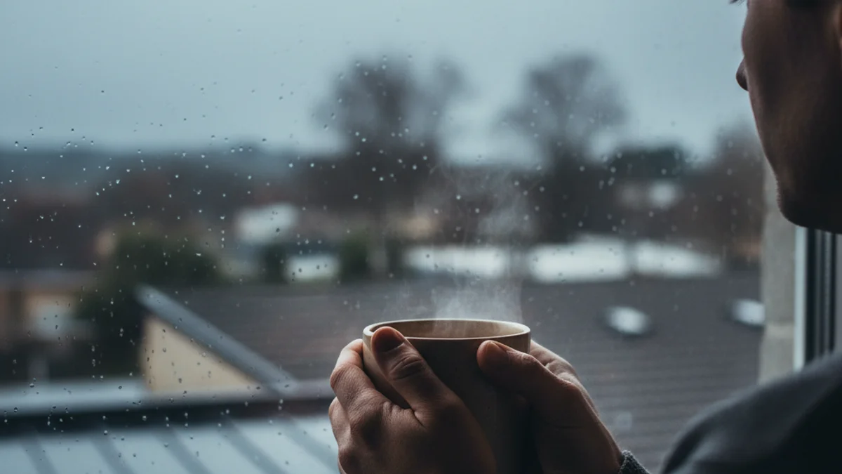 Una persona amb una tassa calenta mirant per la finestra en un dia d'hivern gris, simbolitzant la tristesa estacional.