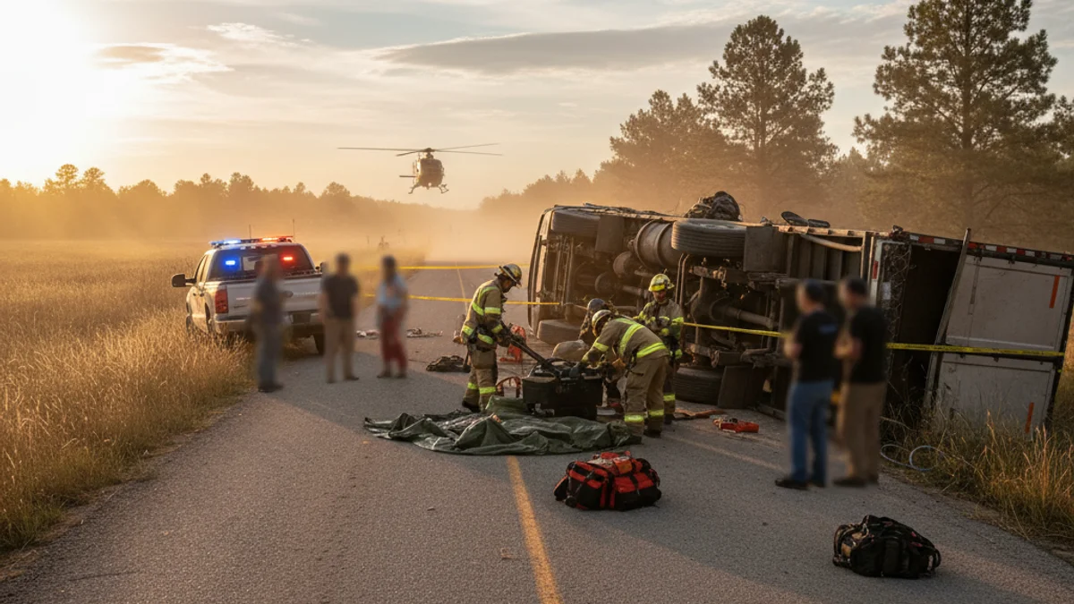 Imatge genèrica d'un accident de trànsit amb un camió bolcat en una carretera rural, amb presència d'equips d'emergència.
