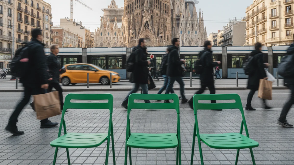 Diverses cadires plegables de color verd instal·lades en un carrer transitat de Barcelona, simbolitzant l'espera.