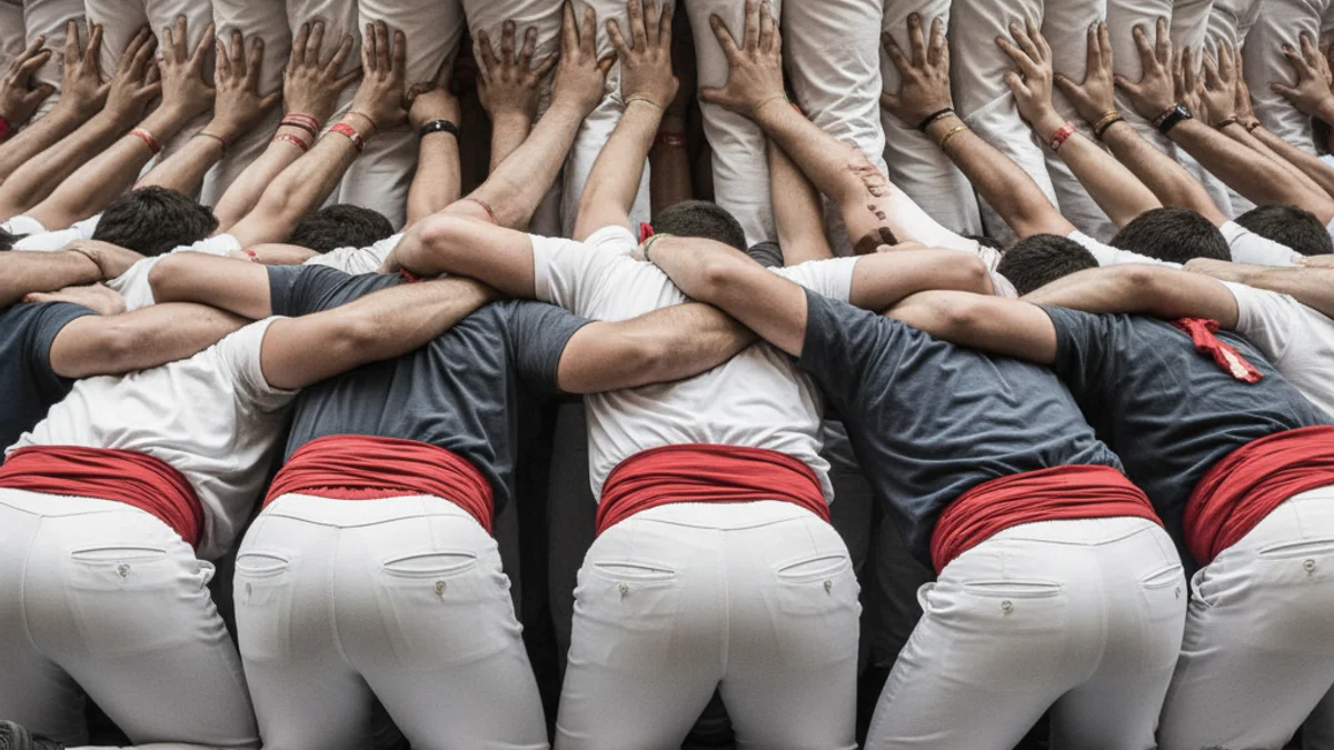 Imatge genèrica d'una pinya castellera amb figures borroses, enfocada en la base de la construcció humana.