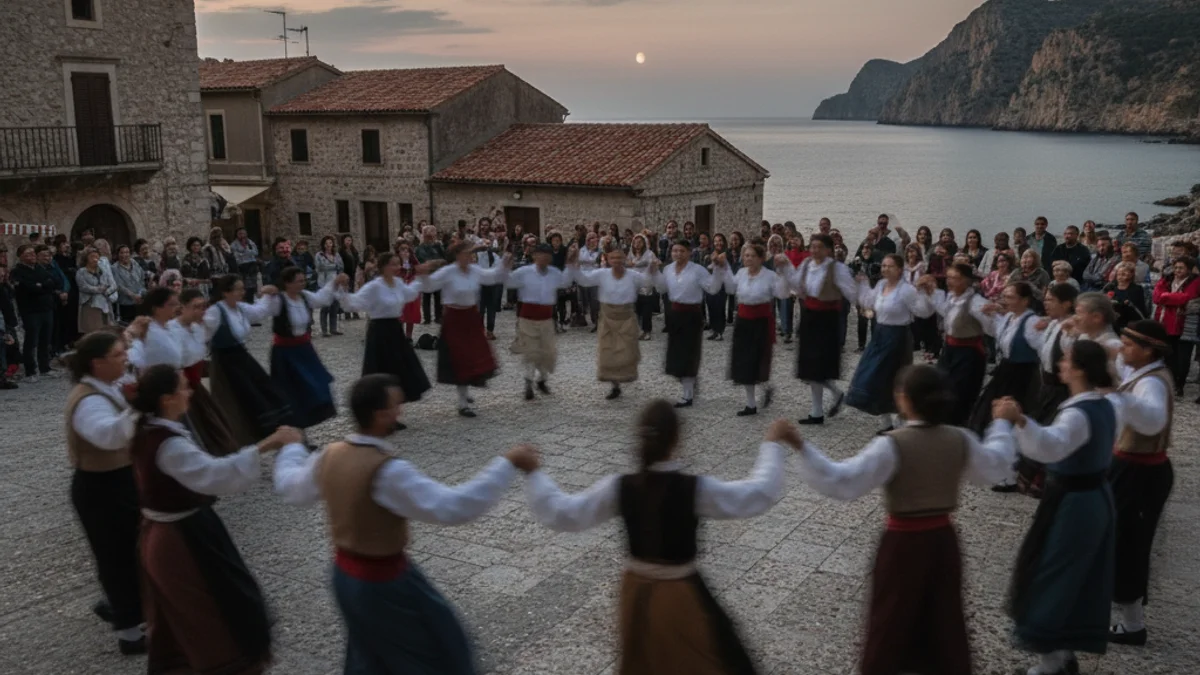 Grup de persones ballant en cercle i cantant en un ambient festiu tradicional a la Costa Brava.