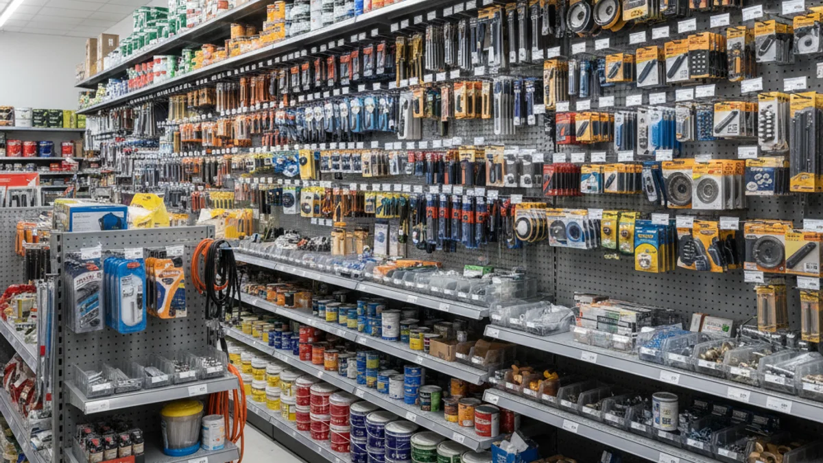 Imatge genèrica d'una ferreteria moderna amb eines i productes de bricolatge a les prestatgeries.