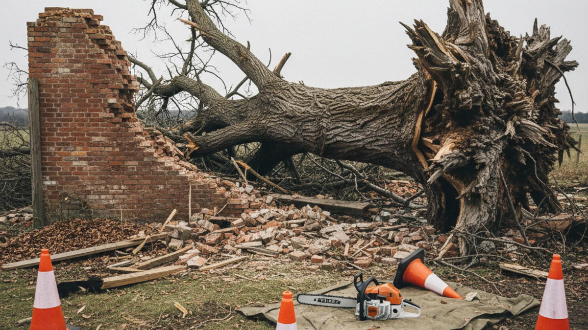 Imatge d'un mur de maons malmès per la caiguda d'un tronc d'arbre de grans dimensions.