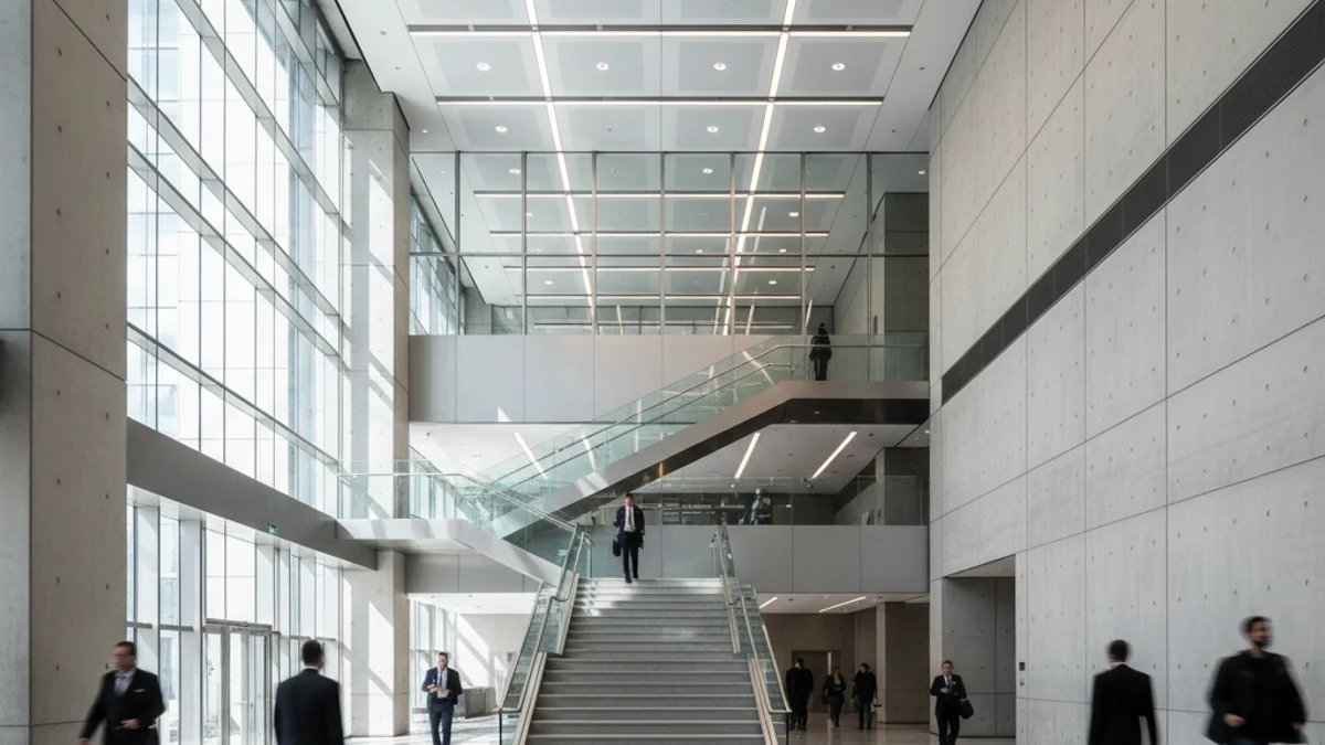 Vista genèrica de la seu corporativa d'un gran banc amb figures borroses de treballadors.