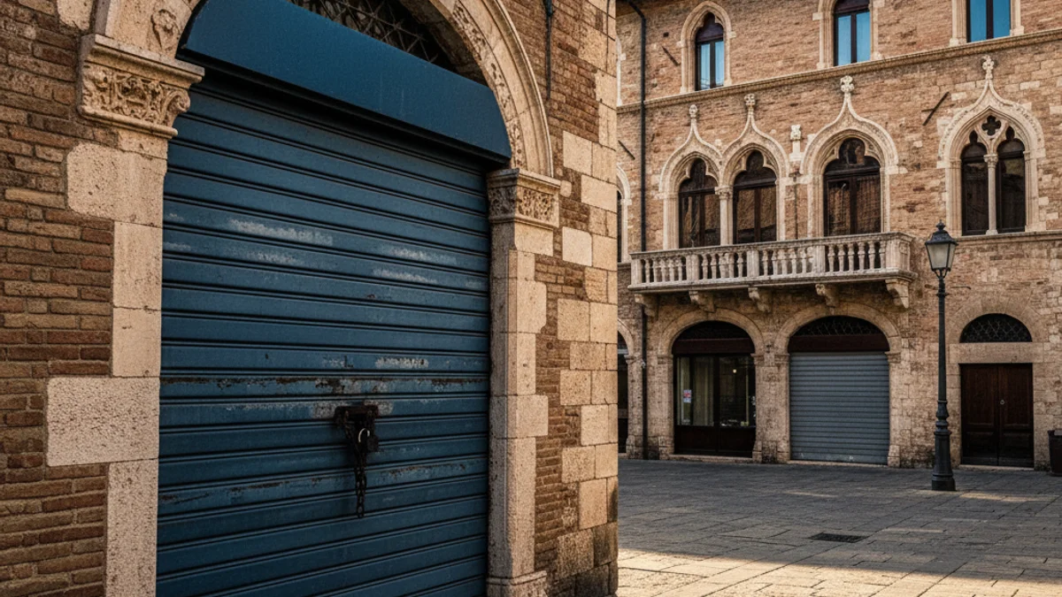 Imatge genèrica d'un restaurant tancant amb una persiana baixada en una plaça cèntrica.