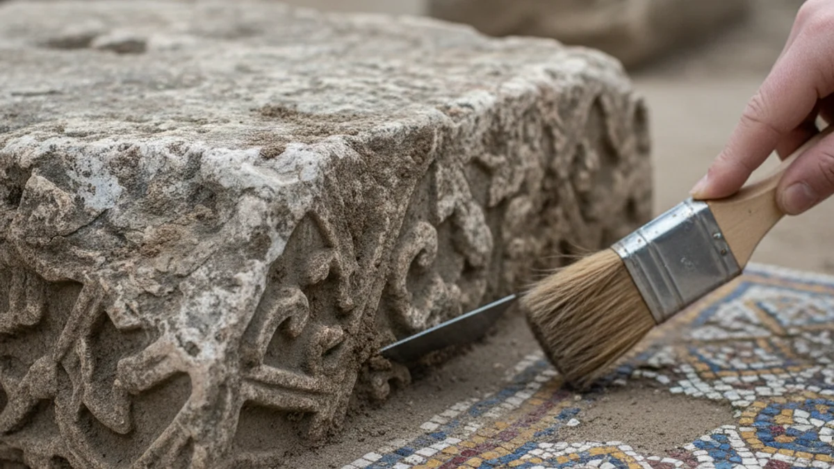 Imatge genèrica d'una excavació arqueològica, mostrant eines sobre restes de murs romans.