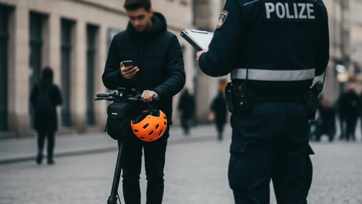 Agent de policia municipal inspeccionant un patinet elèctric en un carrer urbà.