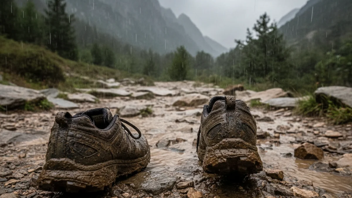 Sabates de 'trail running' cobertes de fang en un camí rocós sota un cel ennuvolat.