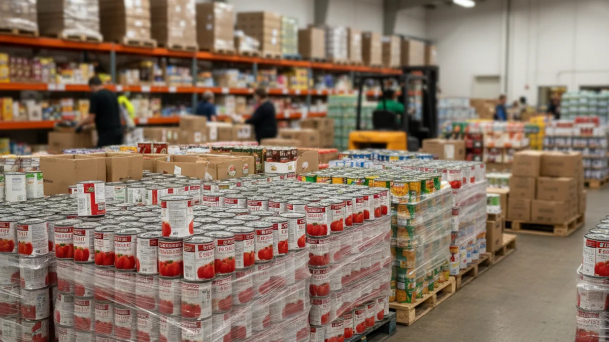 Imatge genèrica de voluntaris organitzant caixes de menjar en un magatzem d'un banc d'aliments.