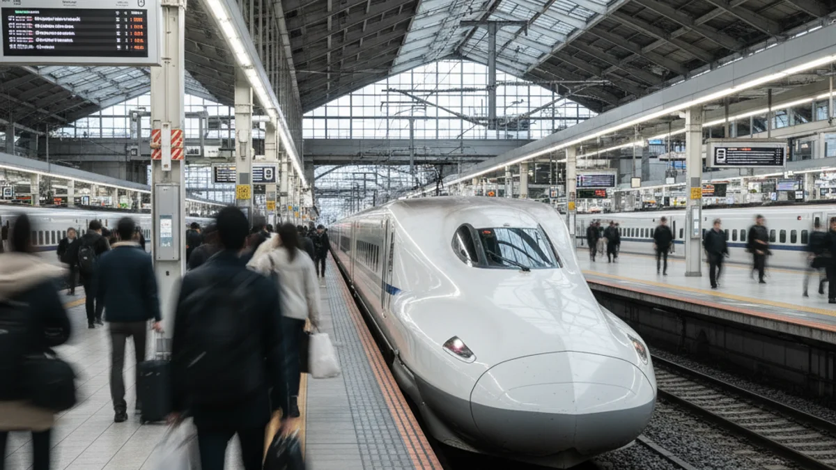 Vagons de tren d'alta velocitat aturats a l'andana d'una gran estació, amb figures borroses de viatgers esperant.
