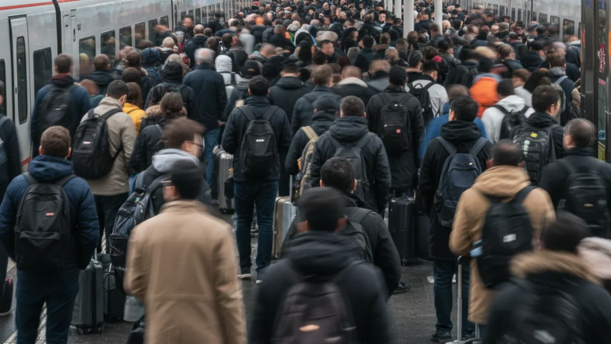 Imatge genèrica d'una andana d'estació d'alta velocitat plena de passatgers esperant, amb pantalles d'informació.