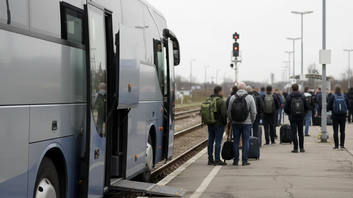 Imatge genèrica d'un autobús de substitució aparcat a una estació de tren, amb figures borroses de passatgers al fons.