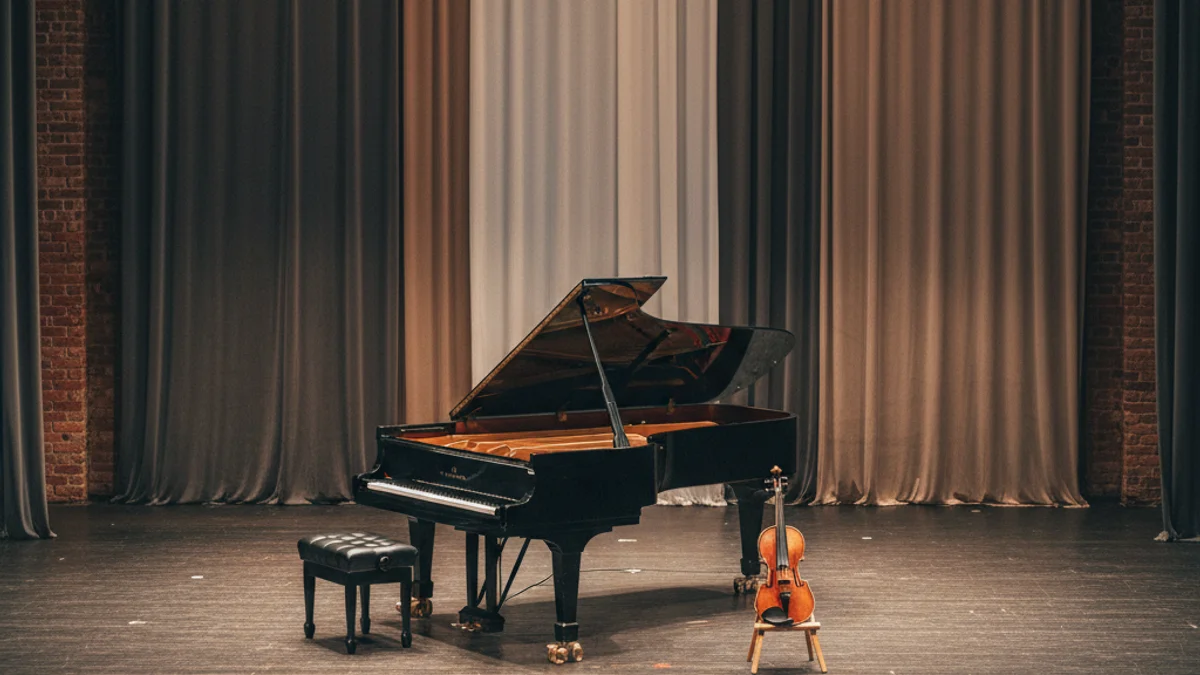 Imatge genèrica d'un escenari buit amb un piano de cua i un violí a sobre, il·luminació suau.