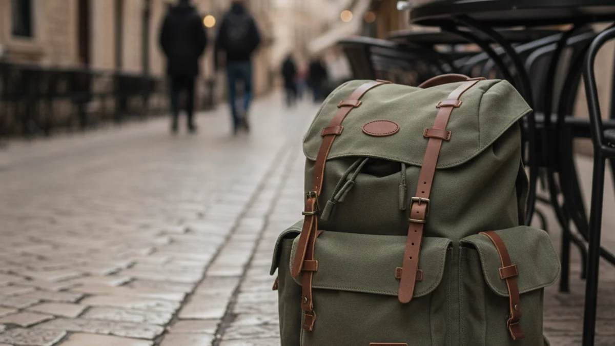 Una motxilla de viatge sobre un mapa o en un entorn urbà europeu, simbolitzant la inseguretat.