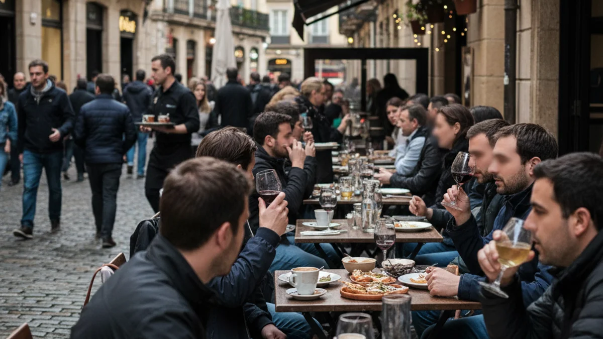 Una escena de carrer animada amb terrasses de bars plenes de gent gaudint de tapes i begudes a Barcelona.