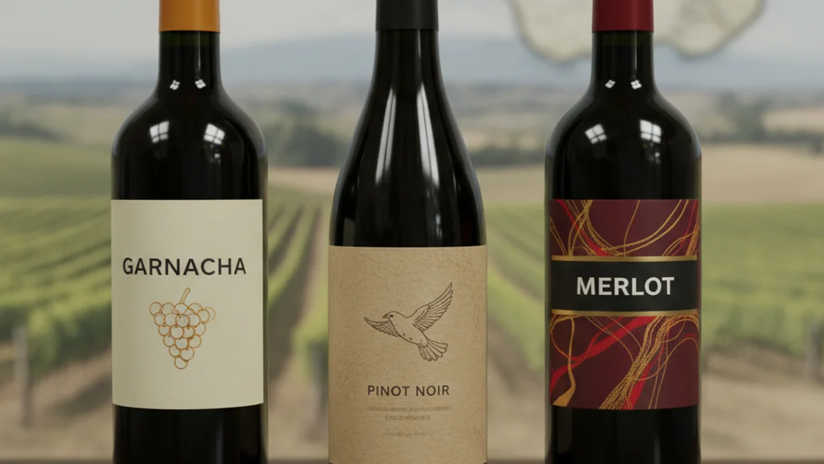 Fotografia de tres ampolles de vi negre, representant les varietats garnatxa, pinot noir i merlot, sobre una taula de fusta.