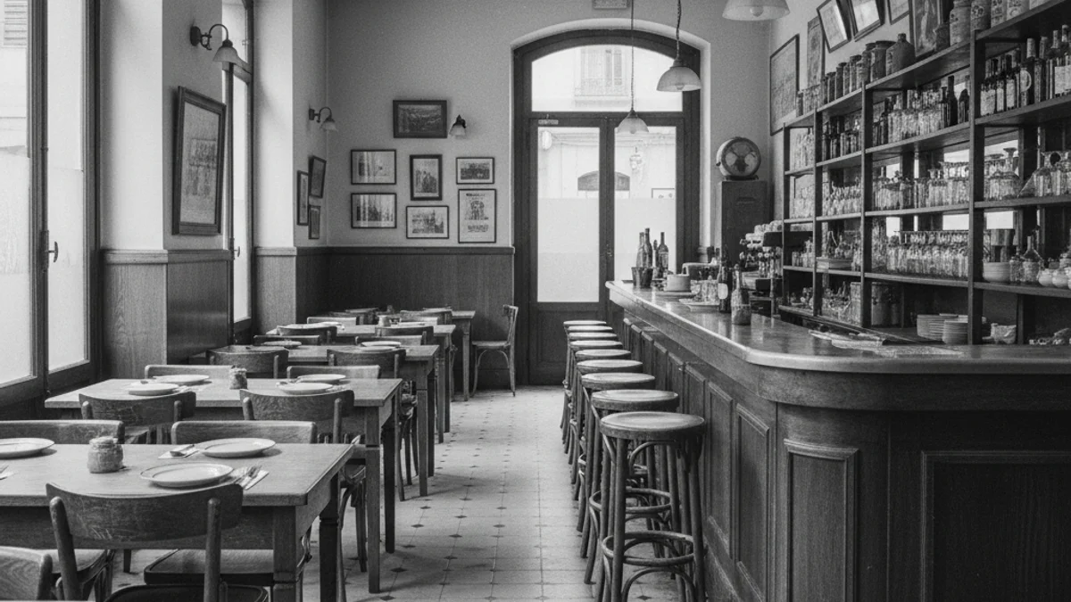 Imatge d'un restaurant tradicional amb taules i cadires antigues, amb un ambient acollidor i històric.