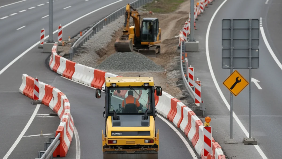 Maquinària de construcció treballant en una cruïlla de carretera, instal·lant noves tanques de seguretat i senyalització.