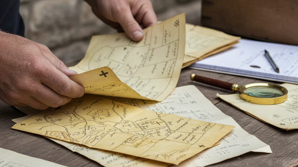 Representació genèrica d'un cementiri antic o d'un procés d'investigació històrica amb mapes i documents.