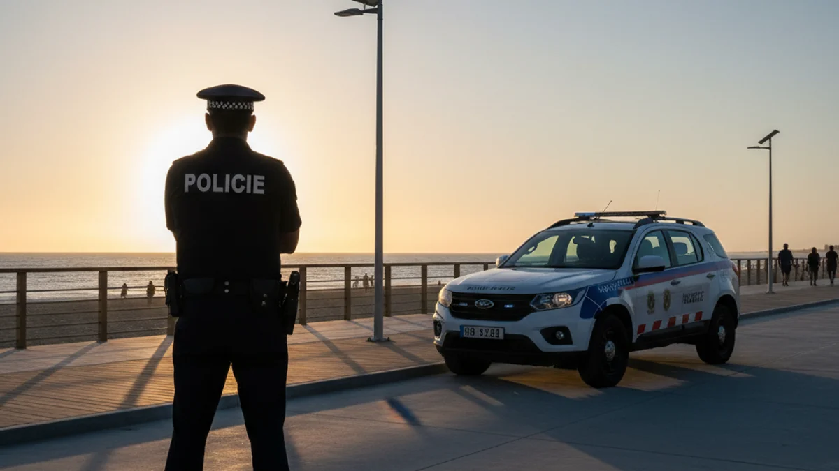 Una silueta d'un agent de la Policia Local patrullant prop de la platja en una ciutat costanera.