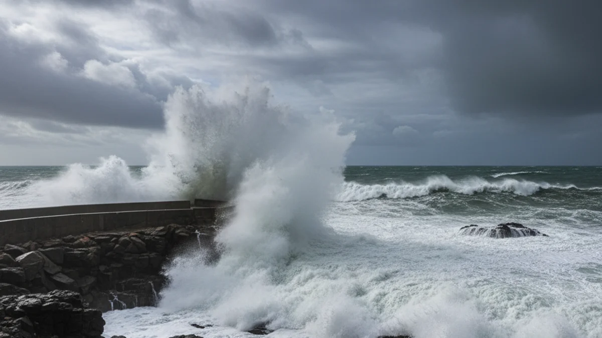 Imatge genèrica d'un temporal marítim amb onades grans trencant contra la costa i un cel fosc.