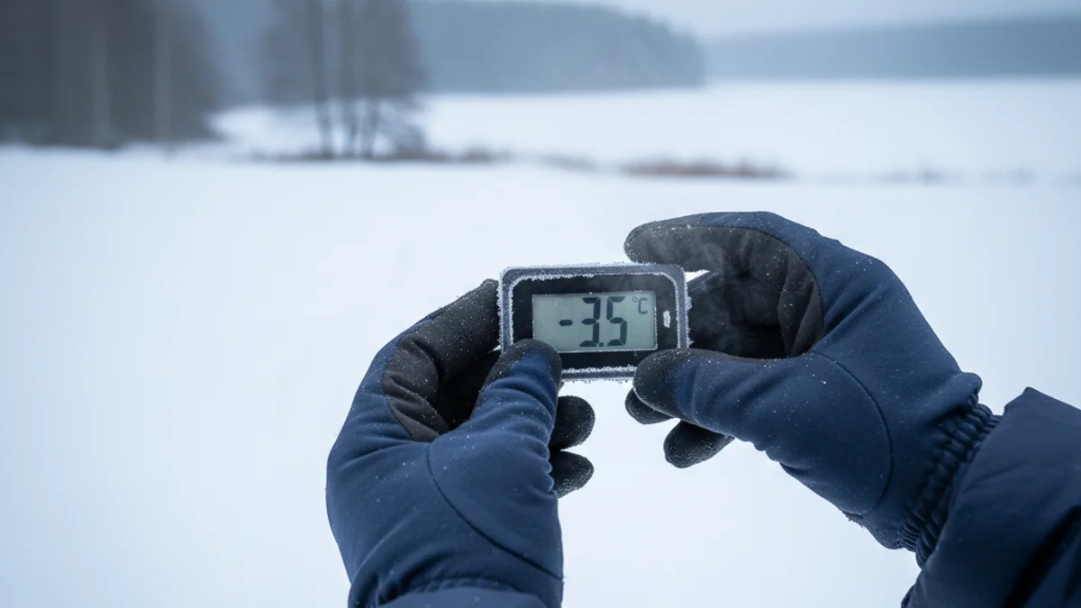 Descripció genèrica d'un termòmetre exterior marcat temperatures sota zero en un paisatge hivernal.