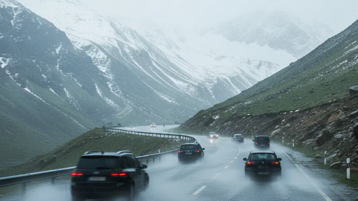 Imatge genèrica de pluja intensa i neu a la muntanya, amb boira densa i carreteres mullades.