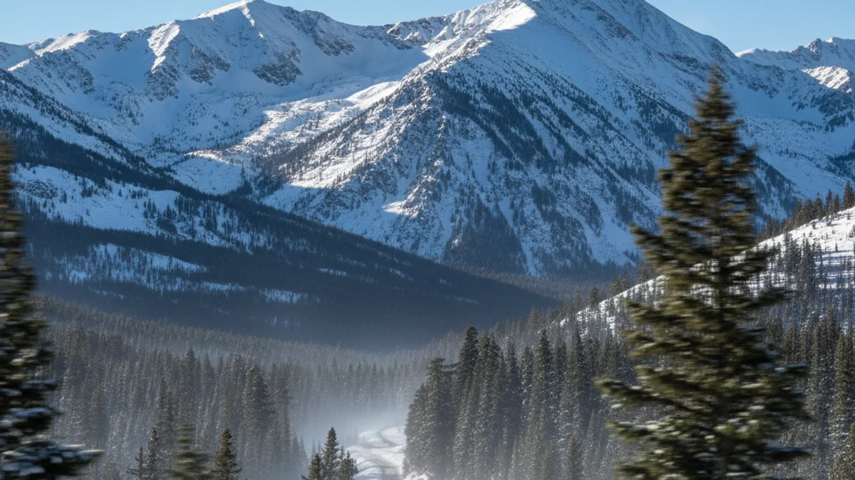 Imatge genèrica d'un paisatge de muntanya amb neu recent i arbres agitats pel vent, indicant fred intens.