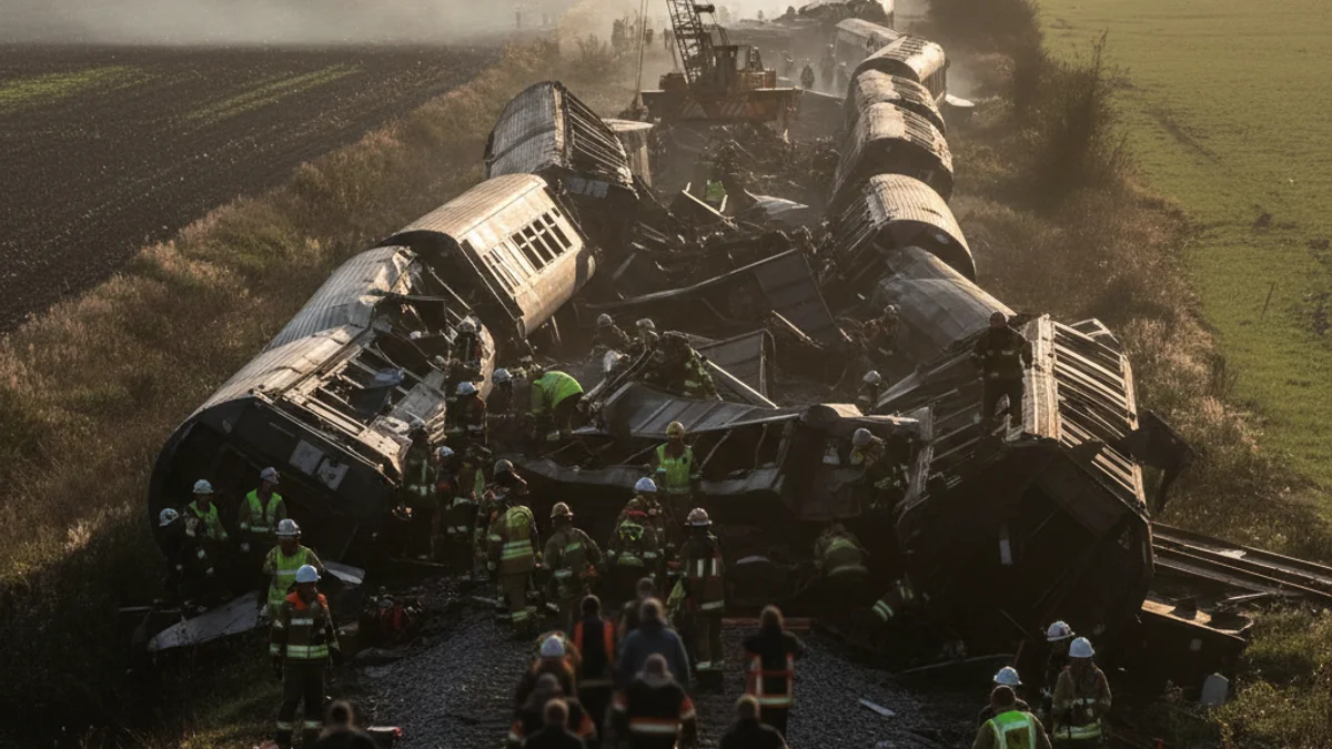 Imatge genèrica d'un equip d'emergències treballant en un lloc d'accident ferroviari, amb focus en les tasques de rescat.