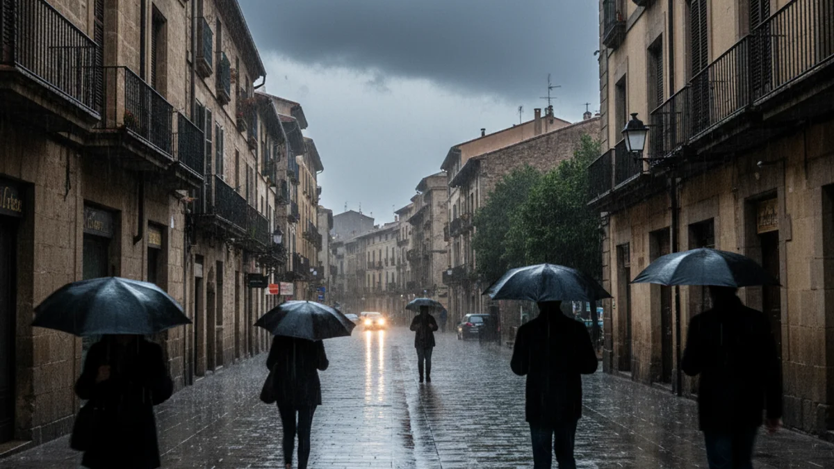 Imatge genèrica de pluja intensa i núvols foscos cobrint un paisatge urbà o muntanyós a Catalunya.