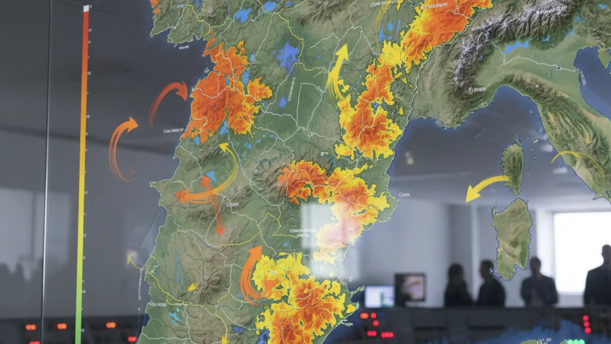 Mapa meteorològic amb zones de vent i precipitació marcades en colors d'alerta taronja i groc.