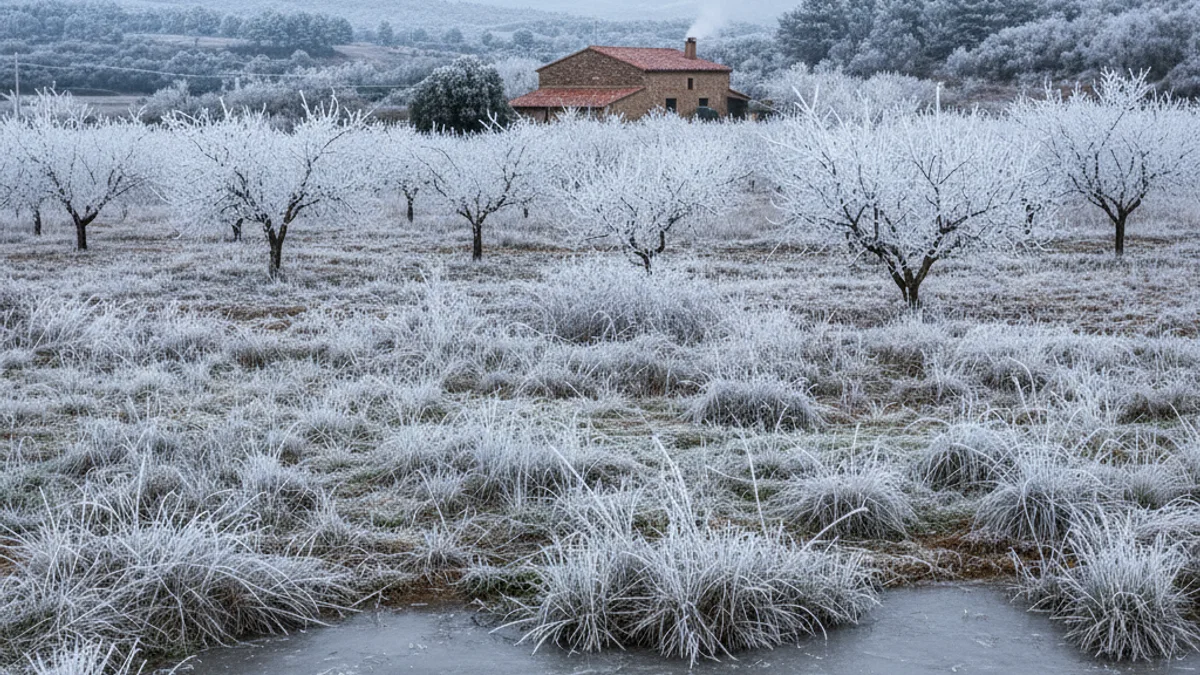 Imatge genèrica de vegetació coberta per una espessa capa de gebrada i gel, simbolitzant el fred extrem.
