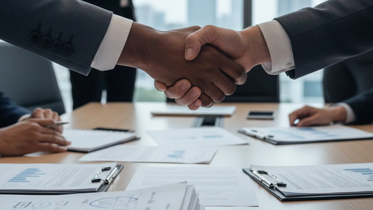 Representació genèrica d'una transacció immobiliària o una fusió empresarial, amb documents i mans sobre una taula.