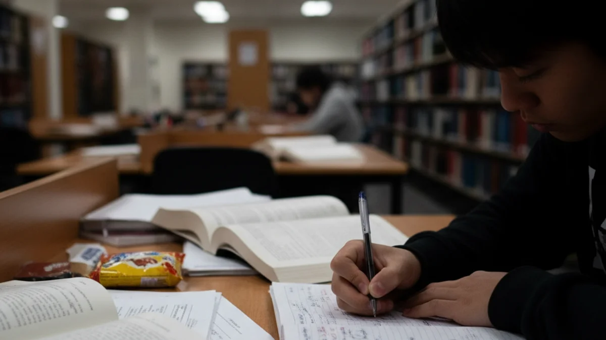 Estudiant treballant en un centre d'estudis amb llibres i apunts, amb un enfocament en l'aprenentatge personalitzat.