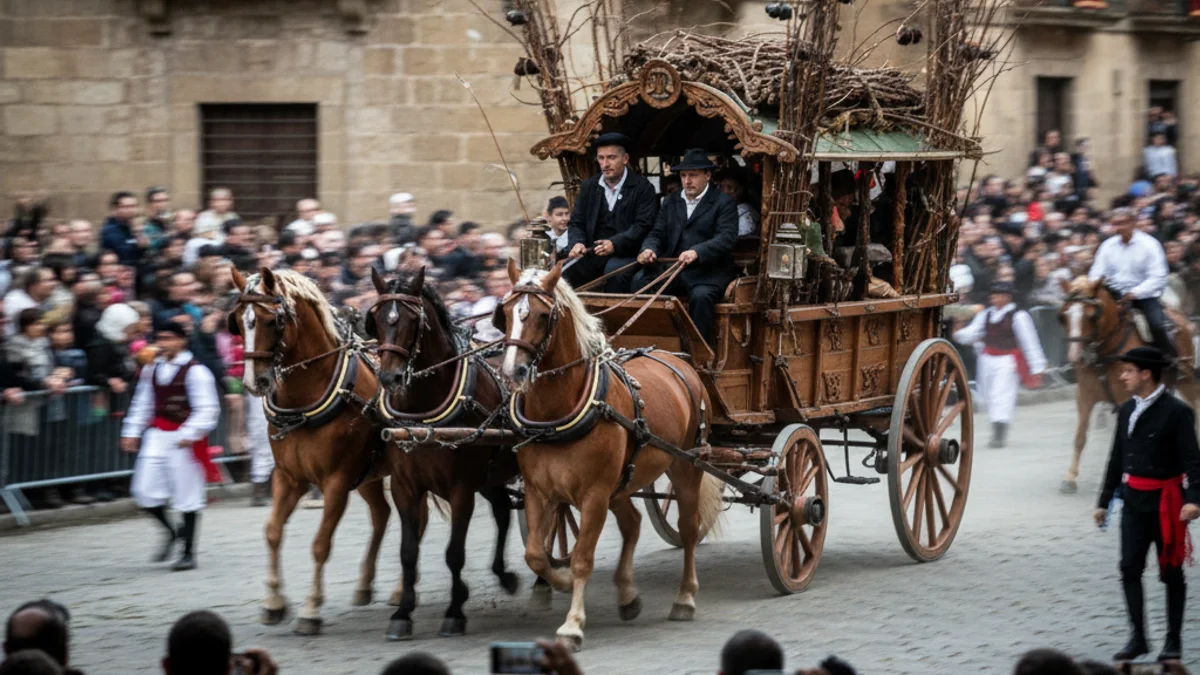 Carruatge històric tirat per cavalls durant la celebració dels Tres Tombs en un carrer ple de gent.