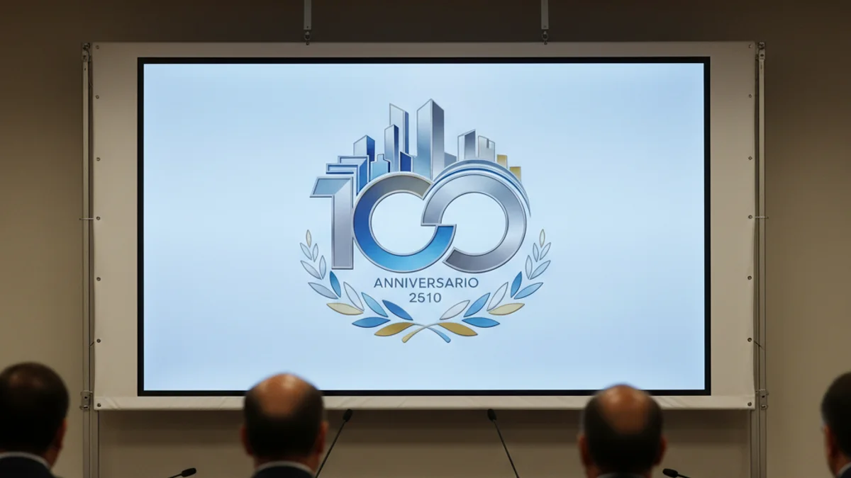 Presentació d'un logotip commemoratiu en un acte institucional amb autoritats locals.