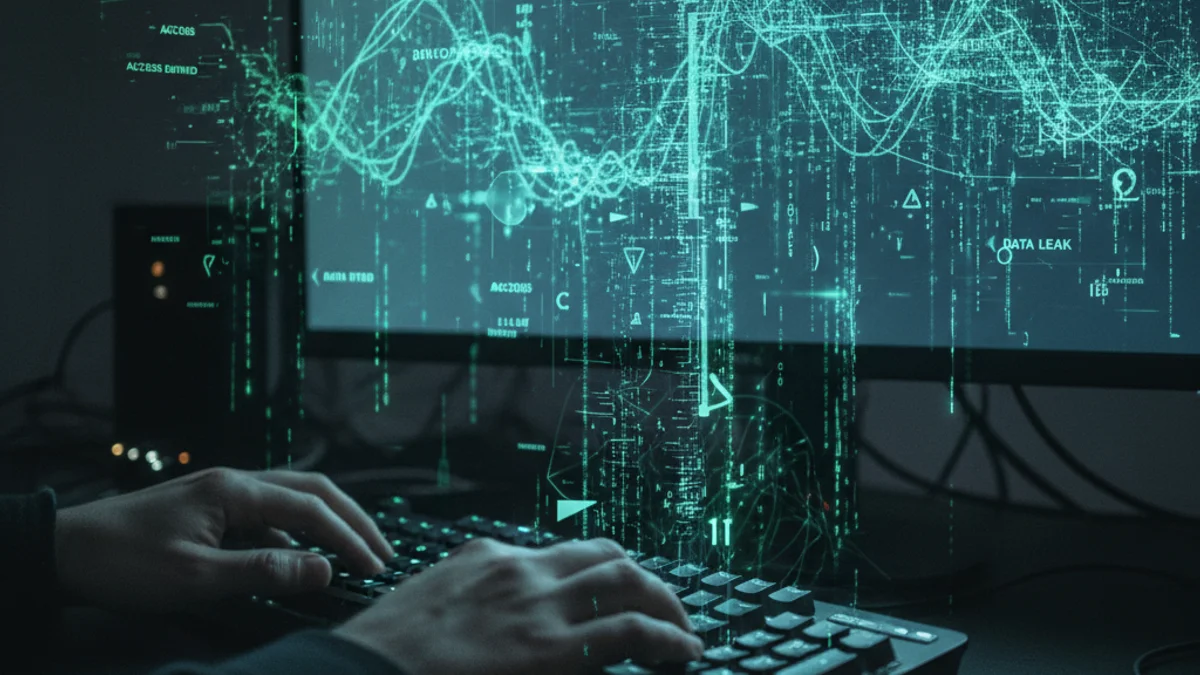 Representació visual d'un atac cibernètic, amb dades digitals i codis en una pantalla fosca.