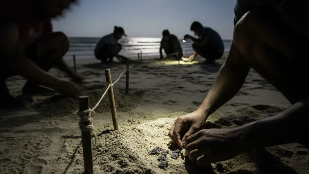 Siluetes de voluntaris treballant en una platja de sorra fosca durant la nit per protegir nius de tortugues marines.
