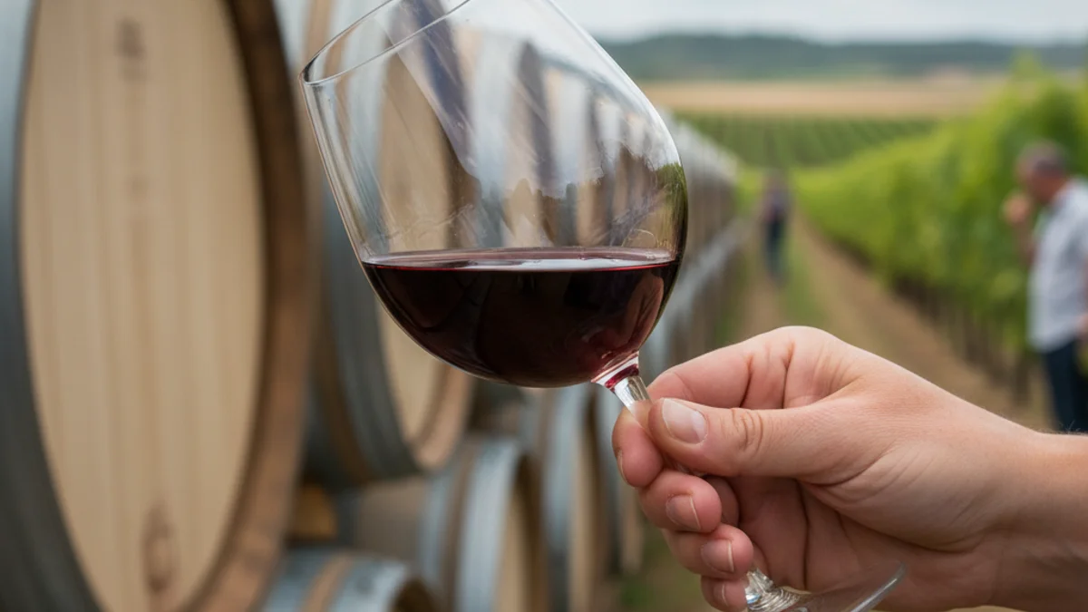 Imatge d'una mà sostenint una copa de vi durant un tast, amb un celler o vinyes desenfocades al fons.