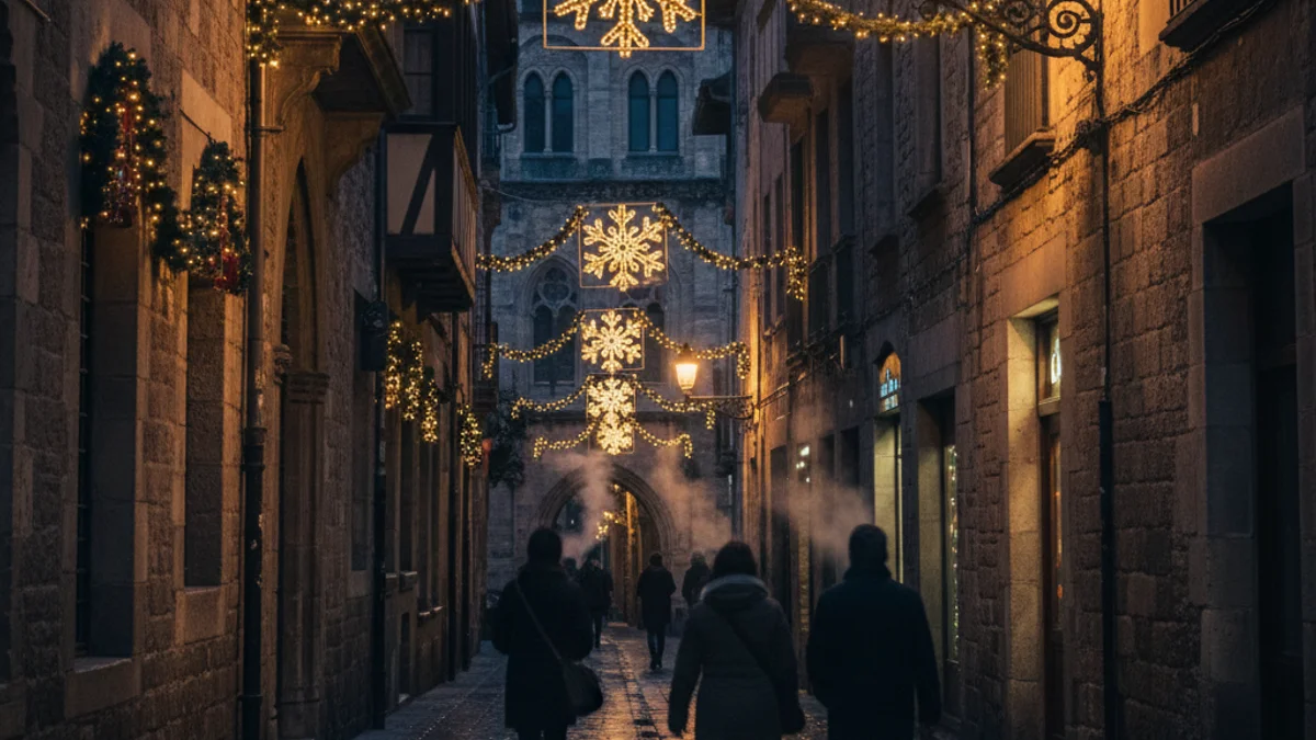 Imatge genèrica de llums de Nadal encesos en un carrer estret del centre històric de Barcelona durant la nit.