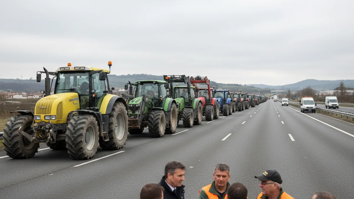 Imatge genèrica d'una protesta agrícola amb tractors bloquejant una carretera com a mesura de pressió.