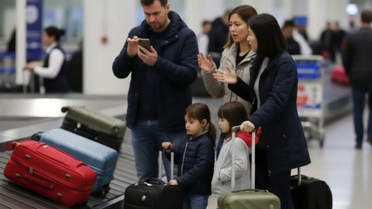 Imatge genèrica de viatgers estressats o consultant un telèfon prop d'un taulell de facturació d'aeroport.