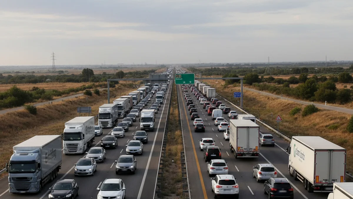 Vista d'una autopista amb trànsit intens i senyals de desviament a causa d'un tall de carretera.