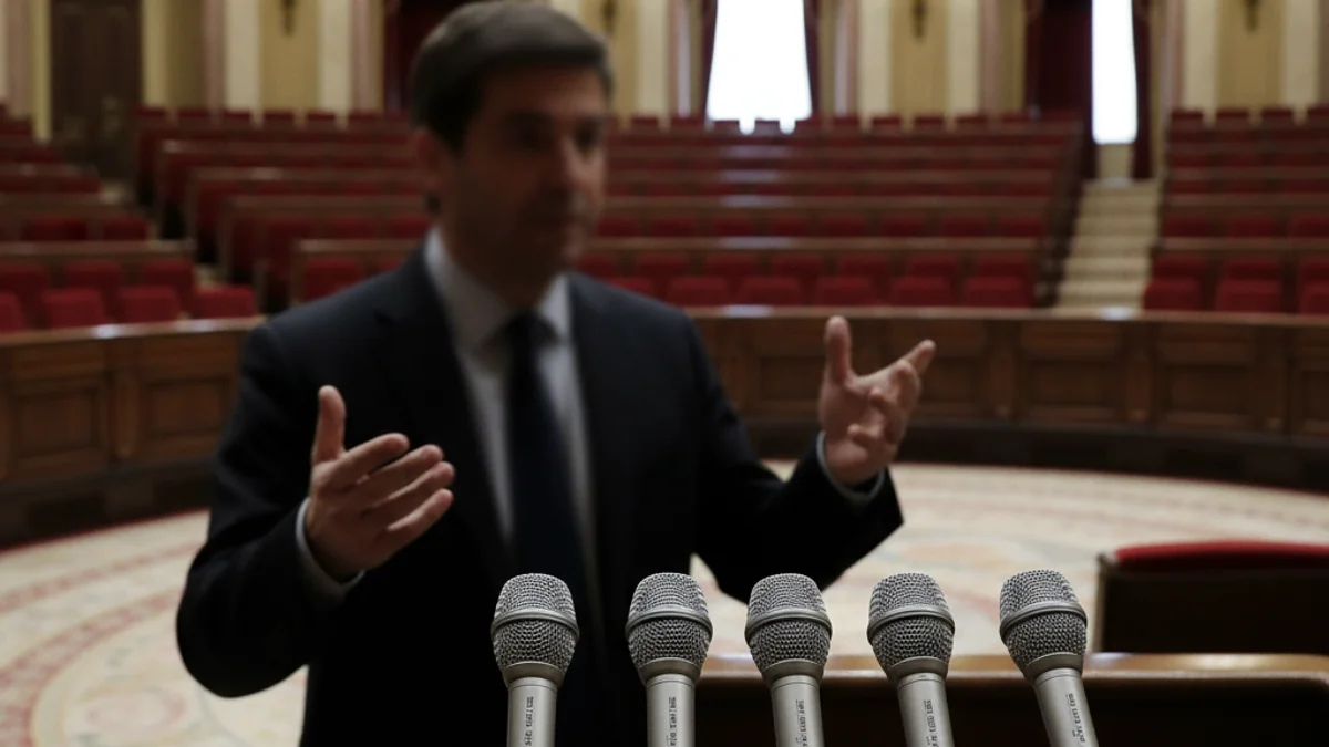 Una silueta parlant en un faristol durant un debat institucional sobre polítiques d'habitatge.