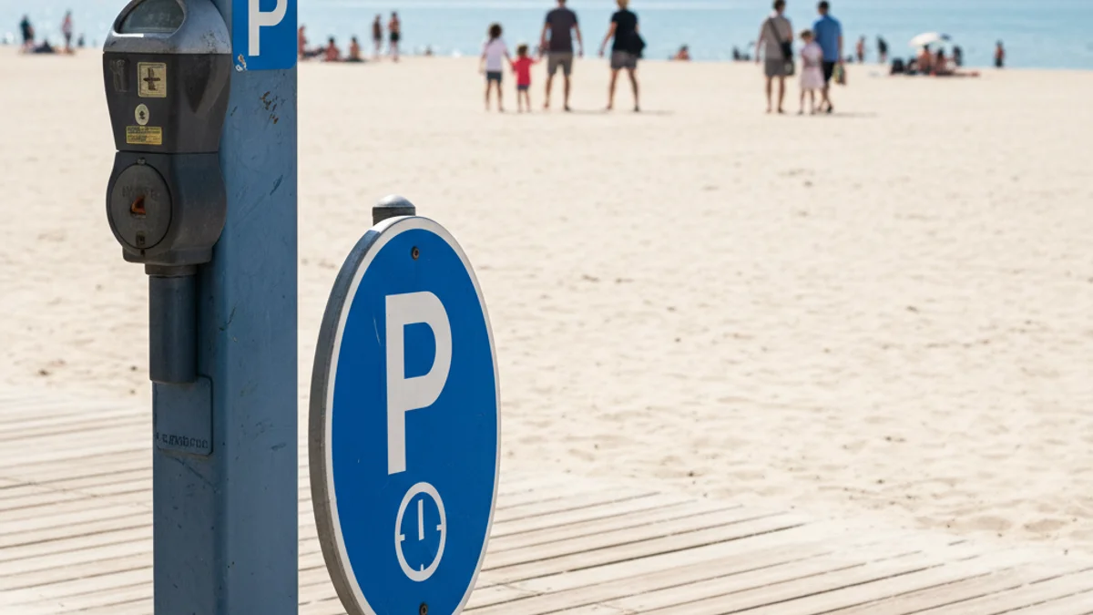 Senyalització d'aparcament de zona blava o control horari prop d'una platja durant l'estiu.