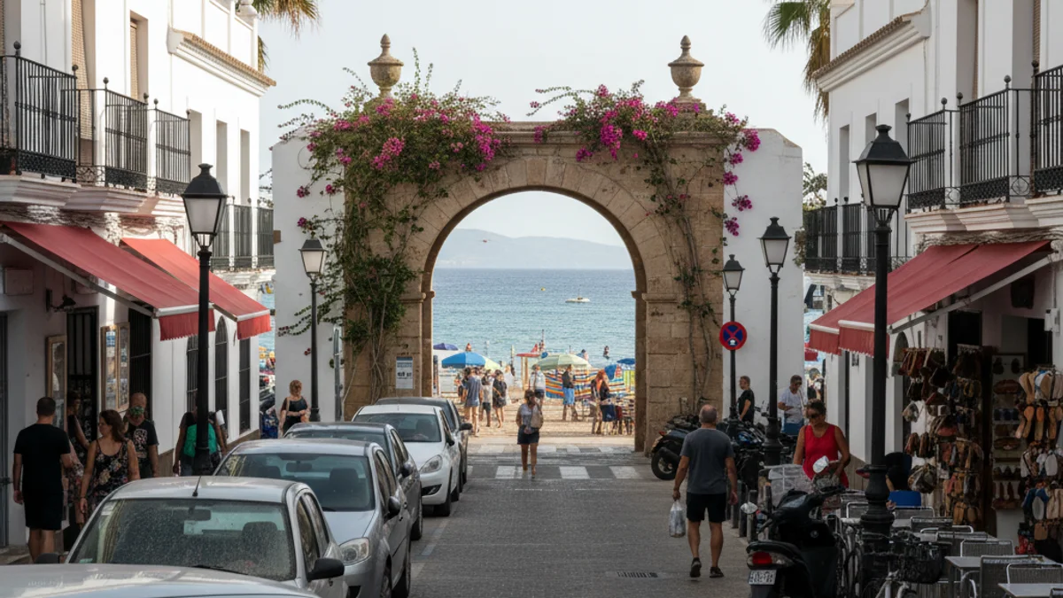 Vista d'una zona d'aparcament de rotació prop de la platja, amb vehicles i figures borroses de vianants.