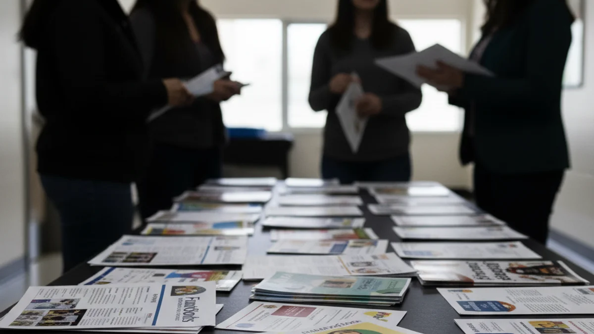 Famílies consultant material informatiu sobre l'escolarització en un espai públic o centre educatiu.